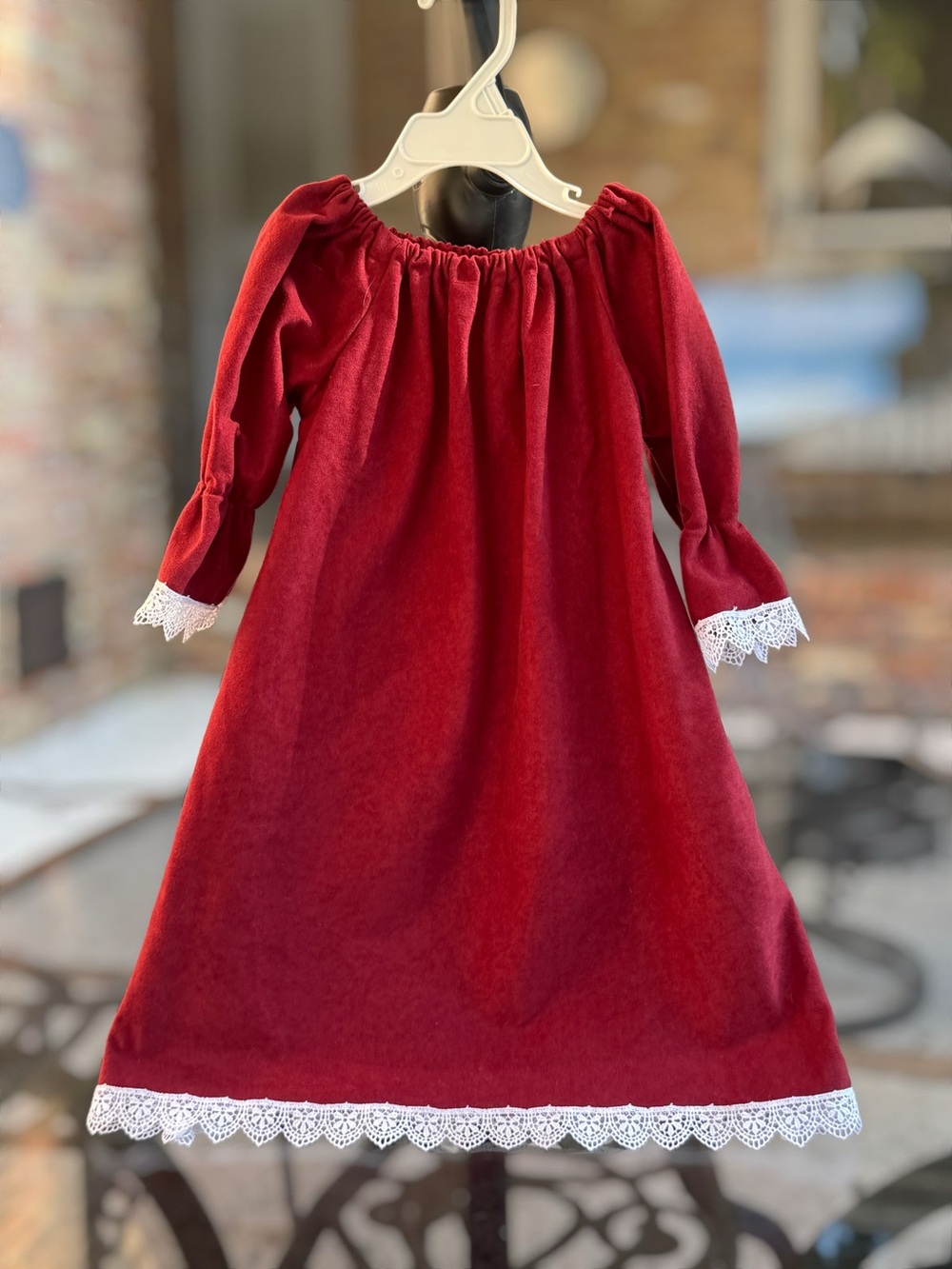 Girl’s Lace Trim Handmade Long Sleeve Peasant Dress, 3T